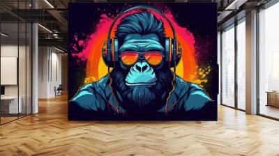 Gorilla with headphones listening to music. Black Cool Ape DJ. 
Isolated on black. Colorful 3D digital illustration Wall mural