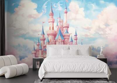 Princess Castle. Magic Pink Castle in the clouds. Fantasy world. Fairytale landscape. Cartoon Castle in the blue sky. Pink clouds. Flowers. Kingdom. Magic tower. Fairy city. Illustration for children Wall mural