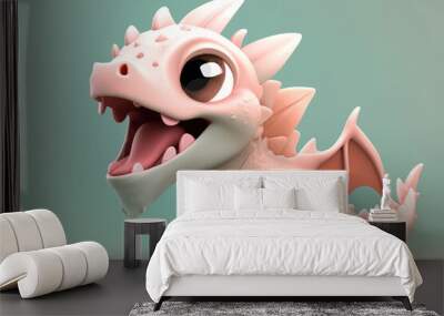 Super cute blue little baby dragon with big eyes and wings. Fantasy monster. Сartoon character. Fairy tale. On solid background. 3d digital illustration for children Wall mural