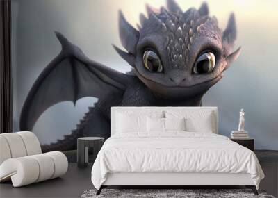 Super cute little baby dragon with big eyes and wings sitting on the grass. Fantasy monster. Cartoon character. Fairy tale. 3d digital illustration for children Wall mural