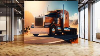 Truck rides on a dusty road in the desert. Sunset. Commercial transport. Truckers. Road transportation. Travel. Logistics. Big machine in motion. Freight transportation. Services. 3D illustation Wall mural