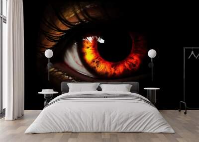 Woman's red eye in the dark. Piercing eyes. Burning demonic eyes. Copy space. Close up. 3D digital illustration Wall mural