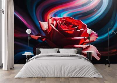 a red rose with swirly background and blue, orange, pink and yellow colors Wall mural