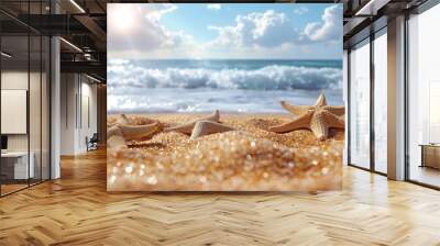 Close-up sand with blurred sea sky background, summer day, copy space, or for the product. Summer background concept. Wall mural