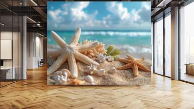 Close-up sand with blurred sea sky background, summer day, copy space, or for the product. Summer background concept. Wall mural