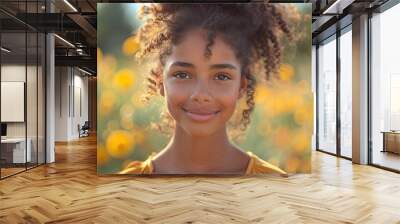 Closeup of a happy black female teenager jogging outdoors in nature. Young African American woman exercising and running outside to keep fit. Copy space Wall mural