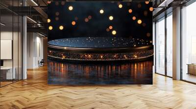 Gold black podium background 3D golden product line stage dark platform wave display. Design podium black luxury gold light scene pedestal presentation showcase event beauty shine object cosmetic sale Wall mural