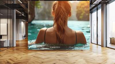 Luxury swimming pool spa resort travel honeymoon destination woman relaxing in infinity pool at hotel nature background summer holiday Wall mural