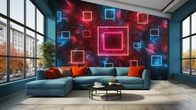 Neon red and blue geometric shapes on black base glowing particles light effects background, particles, shapes, blue, base, light, geometric, black background Wall mural