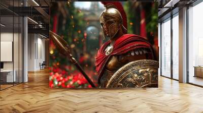 Ultra-realistic Spartan warrior, holding shield and spear, cinematic light, daylight. Wall mural