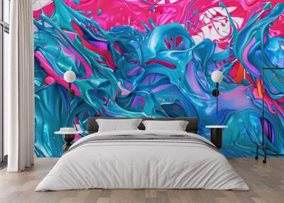 Abstract Colors in a Fluid Dance: Vivid Pink, Blue Swirls Intertwined Wall mural