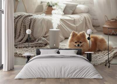 Adorable Pomeranian Puppy Lying Beside Modern Smart Home Device Wall mural