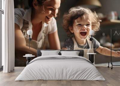 An image of a 2-year-old smiling girl in a sunny modern kitchen. Wall mural