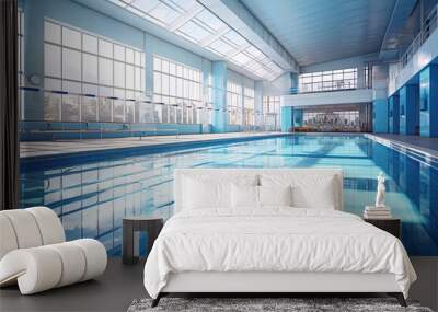 An image of an empty, indoor swimming pool with beautiful blue water Wall mural