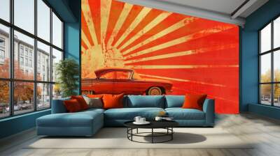 Classic car with a sunburst background in bold red and orange tones Wall mural