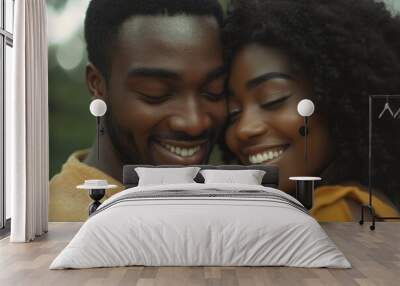 Close-up portrait of a African American happy couple with their eyes closed, smiling

 Wall mural