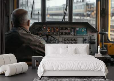 Engineer operating control panel inside vintage train cabin, overlooking railway tracks, industrial transportation concept Wall mural