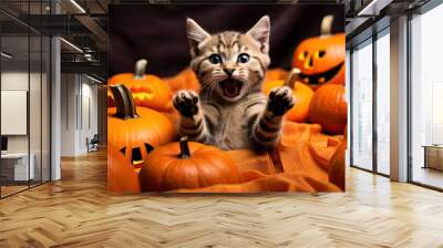 Funny kitten raised his paws up, among small jack-o'-lantern pumpkins Wall mural