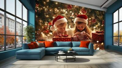 Two young children in Santa hats opening Christmas presents by a decorated tree
 Wall mural