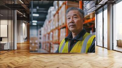 Warehouse supervisor in a yellow vest standing near shelves with boxes in a large facility
 Wall mural