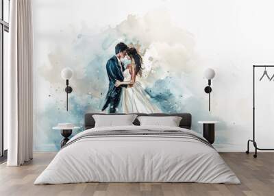 Watercolor illustration of bride and groom in embrace, wedding art concept Wall mural