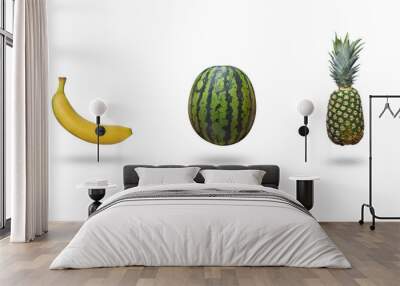 Watermelon, banana and pineappple isolated on white background with a shadow Wall mural