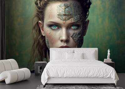 Young android head robot nice woman with part of skin and metal on a face, green background, creative ai Wall mural