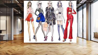 illustration fashionable girls. shopping. Fashion illustration. Group of diverse young modern women wearing trendy clothes. Casual stylish city street fashion outfits.  Hand drawn characters Wall mural