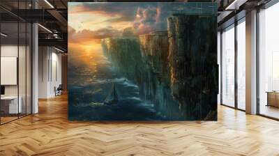 A lone ship sails through a narrow strait between two towering cliffs Wall mural