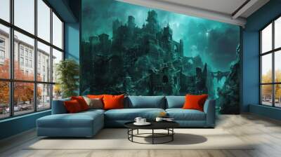 Ancient castle ruins submerged in a deep dark ocean with an eerie green glow Wall mural