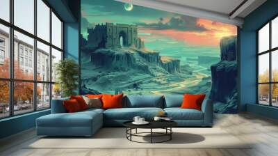 Ancient ruins bathed in the warm hues of sunset in a surreal landscape Wall mural