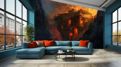 Ancient temple ruins on a floating rock in a fiery abyss Wall mural