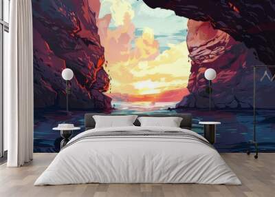 Cave entrance reveals vibrant sunset over calm ocean waters Wall mural