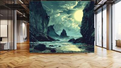 Dark Rocky Seascape with Bright Moon and Green Clouds Wall mural