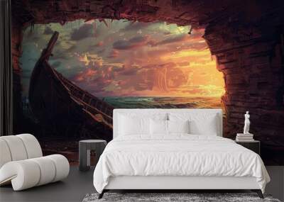 Desolate Seascape with Shipwreck and Sunset Wall mural