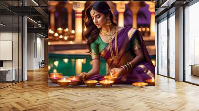 Beautiful young Indian woman wearing a saree lighting diyas by celebrating the traditional Diwali festival of lights. Diwali Best Generative AI Art. Wall mural