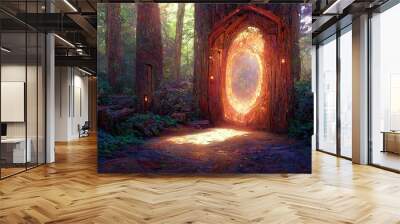 3D artwork illustration of fire portal in the fairy forest. Wood mythological portal for teleportation. Magic realism, science fiction, another world, parallel worlds. 3D rendering illustration Wall mural