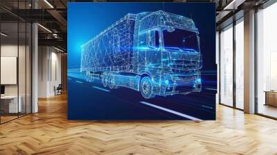 3D  heavy lorry van isolated on a blue background. Transportation vehicle, delivery transport, digital cargo logistic concept. Freight shipping industry, worldwide. Wall mural