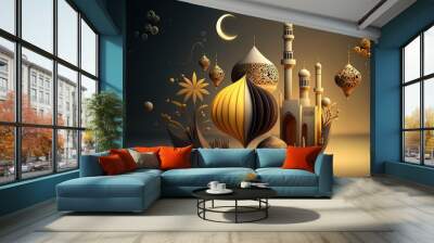 3D Ramadan background  illustration. Beautiful muslim invitation with ramadan. Eid mubarak. Religion background. AI Wall mural