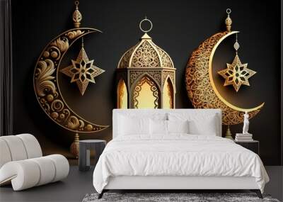 3d religion element collection of Islamic lantern fanoos and metal crescent moon. Beautiful muslim invitation with ramadan. Eid mubarak. Religion background. AI Wall mural