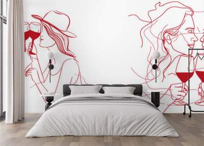 A continuous one-line drawing of a male and female couple enjoying a date and dinner together. The concept of love, dating, and restaurants. Wall mural