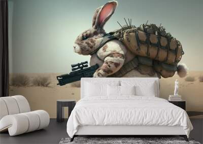 A cute fat rabbit with machine guns in its paws and a military bag on its shoulders is walking through the desert. Generative AI Wall mural