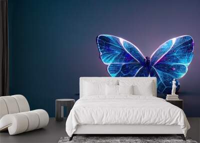 A digital butterfly in a futuristic polygonal style on a blue background is isolated on a gray background. Wireframe technology light connection structure. 3d render Wall mural