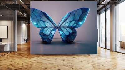 A digital butterfly in a futuristic polygonal style on a blue background is isolated on a gray background. Wall mural