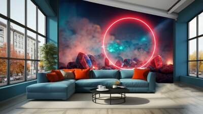 A fantastic, magical portal, a neon red circle around which crystals lie. A scene on another planet, a futuristic red portal. Wall mural