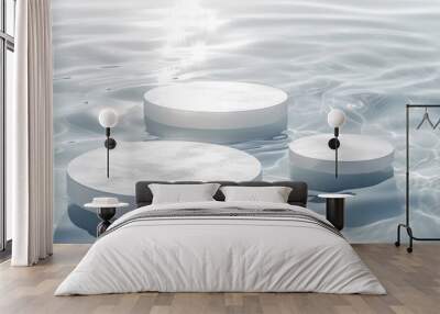 A flat lay cosmetic mockup with a clear white circle podium on a transparent calm water texture while a splash and wave are reflected in the sunlight. Abstract nature background for product Wall mural