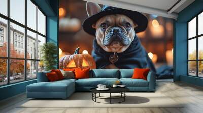 A funny puppy wearing a black Halloween costume and a cute pumpkin-shaped pet dog Wall mural