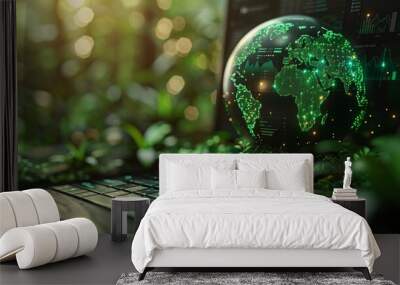 A green globe with a stock chart on the laptop screen. Green business concept. Digital sustainability. Future green energy innovation business trend. Wall mural