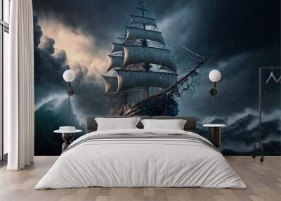 A medieval ship is caught in a storm in the ocean. AI Wall mural