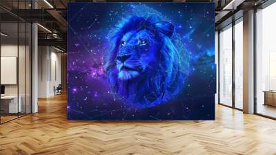 A modern of the zodiac sign Leo in the twelve signs with a galaxy background and polygonal lions as the stars Wall mural